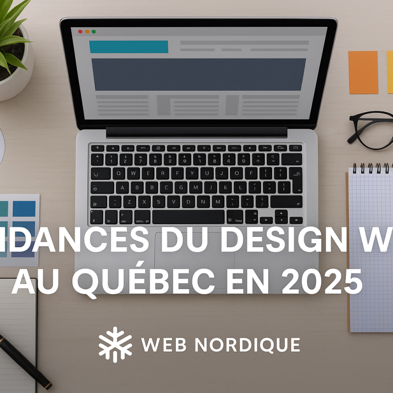 mage de couverture illustrant les tendances du design web au Québec en 2025, avec un style minimaliste bleu nordique et des éléments graphiques modernes.