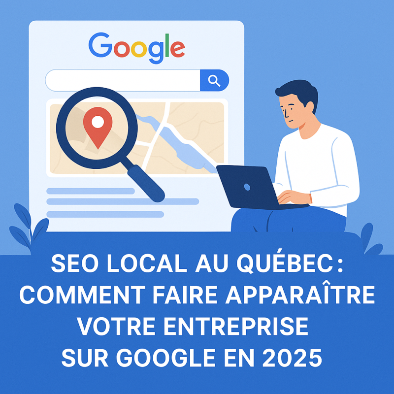 Illustration représentant un homme travaillant sur un ordinateur portable devant une interface Google avec une carte et une épingle de localisation, symbolisant le SEO local au Québec et la visibilité d’entreprise sur Google en 2025.